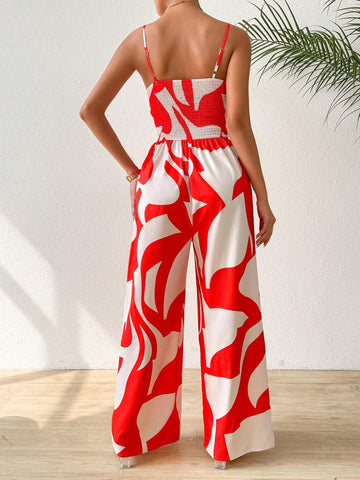 Women's Printed V-Neck Jumpsuit With Pendant, Summer Beachwear