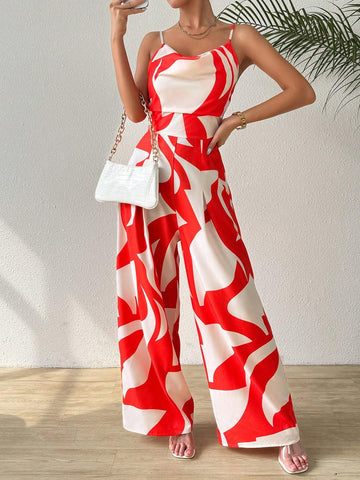 Women's Printed V-Neck Jumpsuit With Pendant, Summer Beachwear