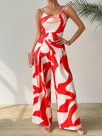 Women's Printed V-Neck Jumpsuit With Pendant, Summer Beachwear