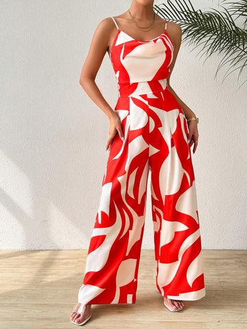 Women's Printed V-Neck Jumpsuit With Pendant, Summer Beachwear