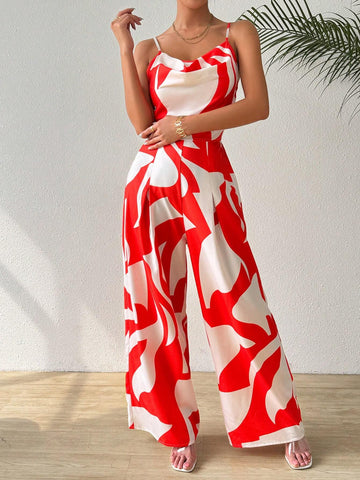 Women's Printed V-Neck Jumpsuit With Pendant, Summer Beachwear