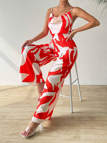 Women's Printed V-Neck Jumpsuit With Pendant, Summer Beachwear