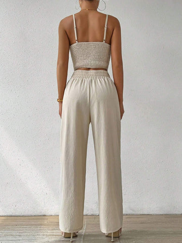 Women's Push-Up Bra Cup Strap Top With Bowknot, Elastic Straight Pants, Holiday 2pcs Set