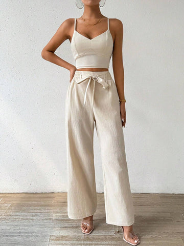 Women's Push-Up Bra Cup Strap Top With Bowknot, Elastic Straight Pants, Holiday 2pcs Set