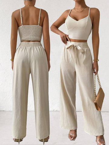 Women's Push-Up Bra Cup Strap Top With Bowknot, Elastic Straight Pants, Holiday 2pcs Set