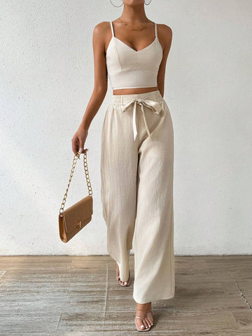 Women's Push-Up Bra Cup Strap Top With Bowknot, Elastic Straight Pants, Holiday 2pcs Set