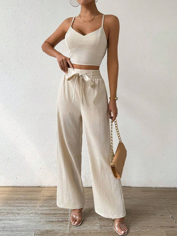 Women's Push-Up Bra Cup Strap Top With Bowknot, Elastic Straight Pants, Holiday 2pcs Set