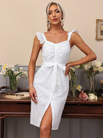 Women's Random Embroidered Belted Spaghetti Strap Dress