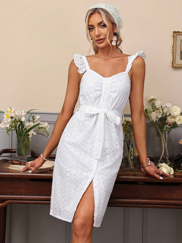 Women's Random Embroidered Belted Spaghetti Strap Dress