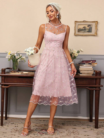 Women's Random Floral Pattern Mesh Splicing Round Neck Sleeveless Dress, Suitable For Summer