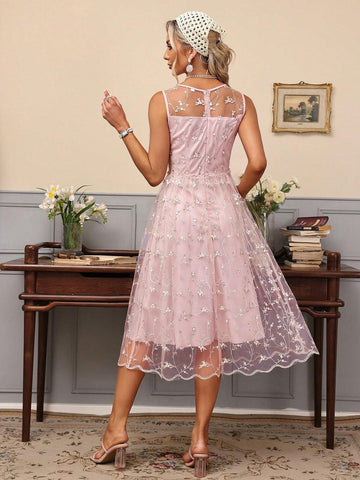 Women's Random Floral Pattern Mesh Splicing Round Neck Sleeveless Dress, Suitable For Summer