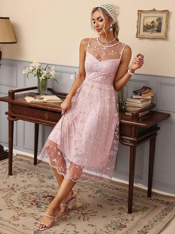 Women's Random Floral Pattern Mesh Splicing Round Neck Sleeveless Dress, Suitable For Summer
