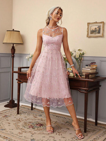Women's Random Floral Pattern Mesh Splicing Round Neck Sleeveless Dress, Suitable For Summer