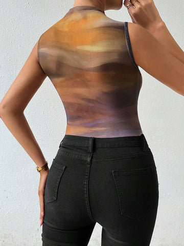 Women's Random Printed Sleeveless See-Through Bodysuit