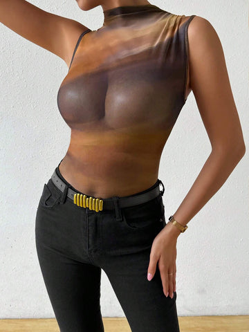 Women's Random Printed Sleeveless See-Through Bodysuit