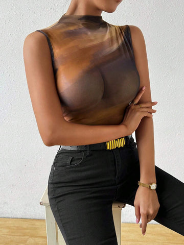 Women's Random Printed Sleeveless See-Through Bodysuit