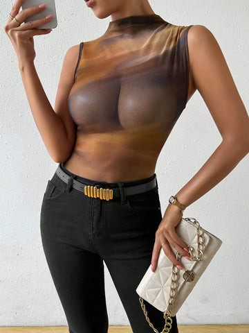 Women's Random Printed Sleeveless See-Through Bodysuit