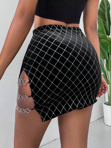 Privé Women's Rhinestone Plaid Side Slit Midi Skirt