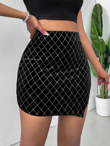 Privé Women's Rhinestone Plaid Side Slit Midi Skirt