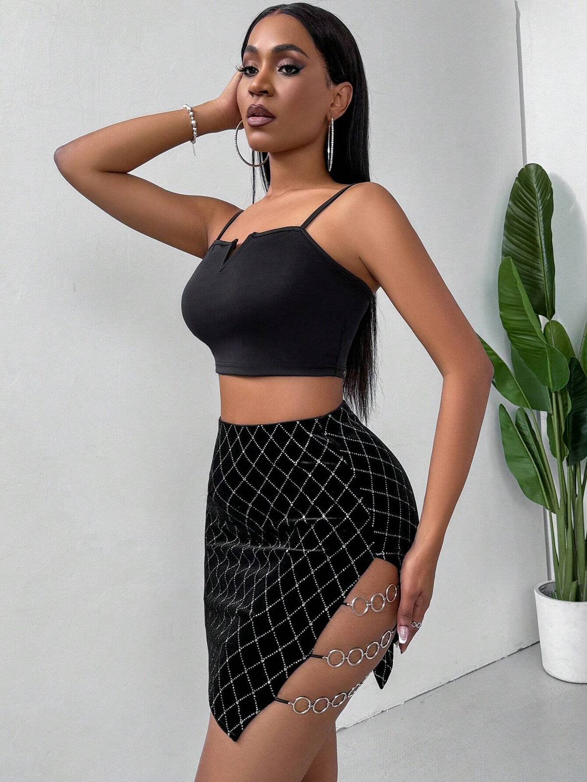 Privé Women's Rhinestone Plaid Side Slit Midi Skirt