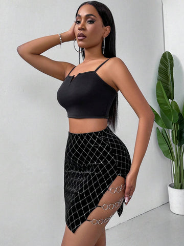 Privé Women's Rhinestone Plaid Side Slit Midi Skirt