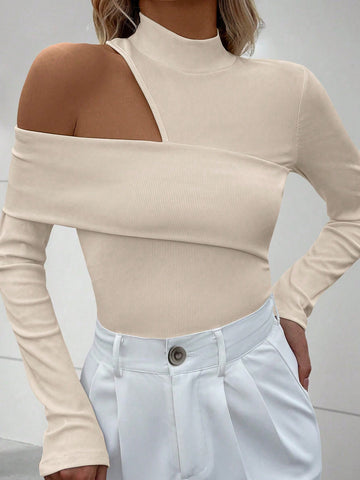 Women's Ribbed One Shoulder Long Sleeve T-Shirt, Minimalist And Fashionable For Casual Everyday Wear