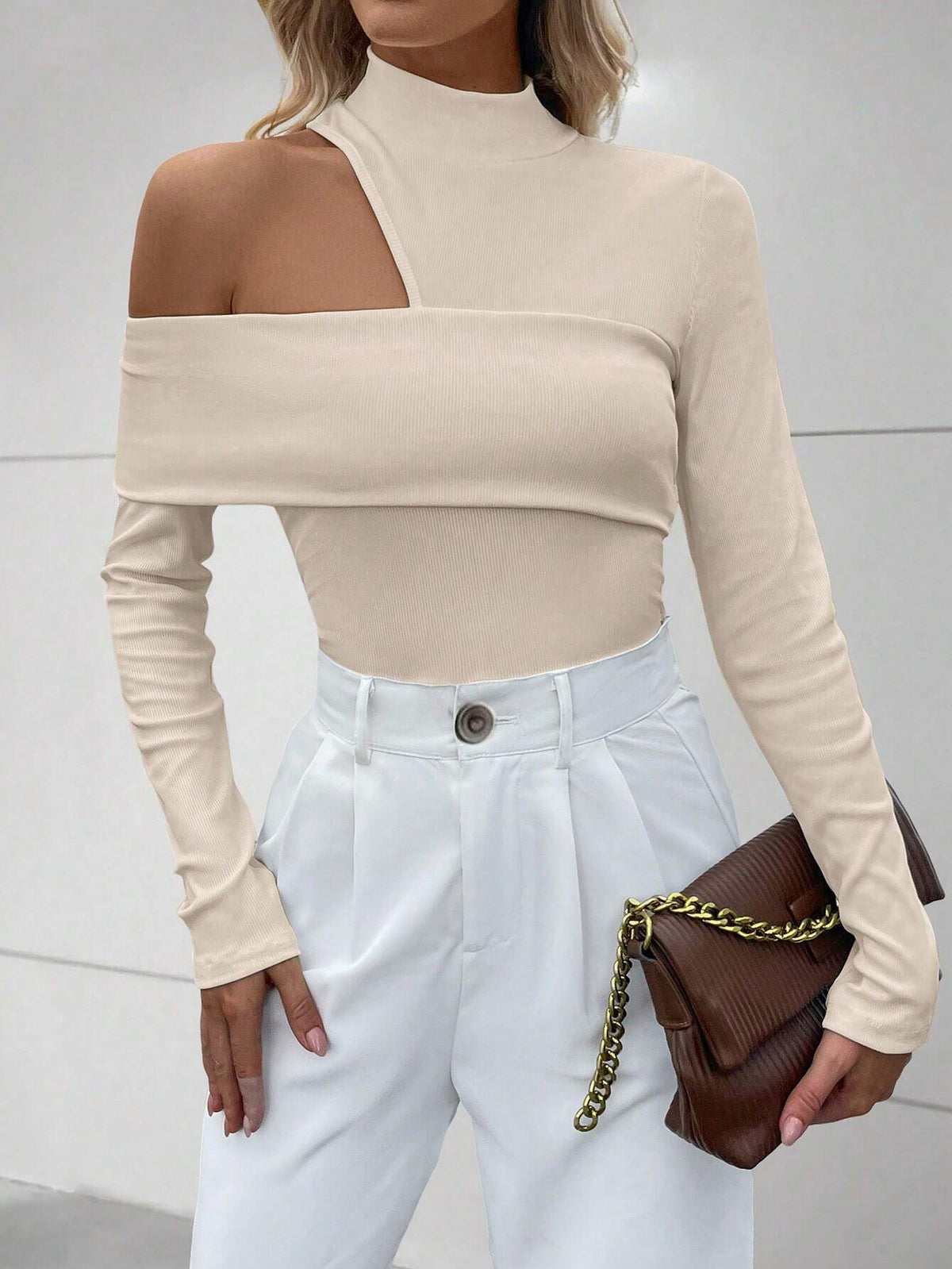 Women's Ribbed One Shoulder Long Sleeve T-Shirt, Minimalist And Fashionable For Casual Everyday Wear