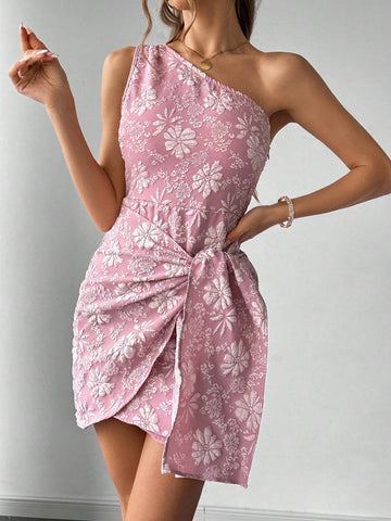 Women's Romantic 3D Floral Jacquard Open Shoulder Wrap Dress, Suitable For Weddings And
