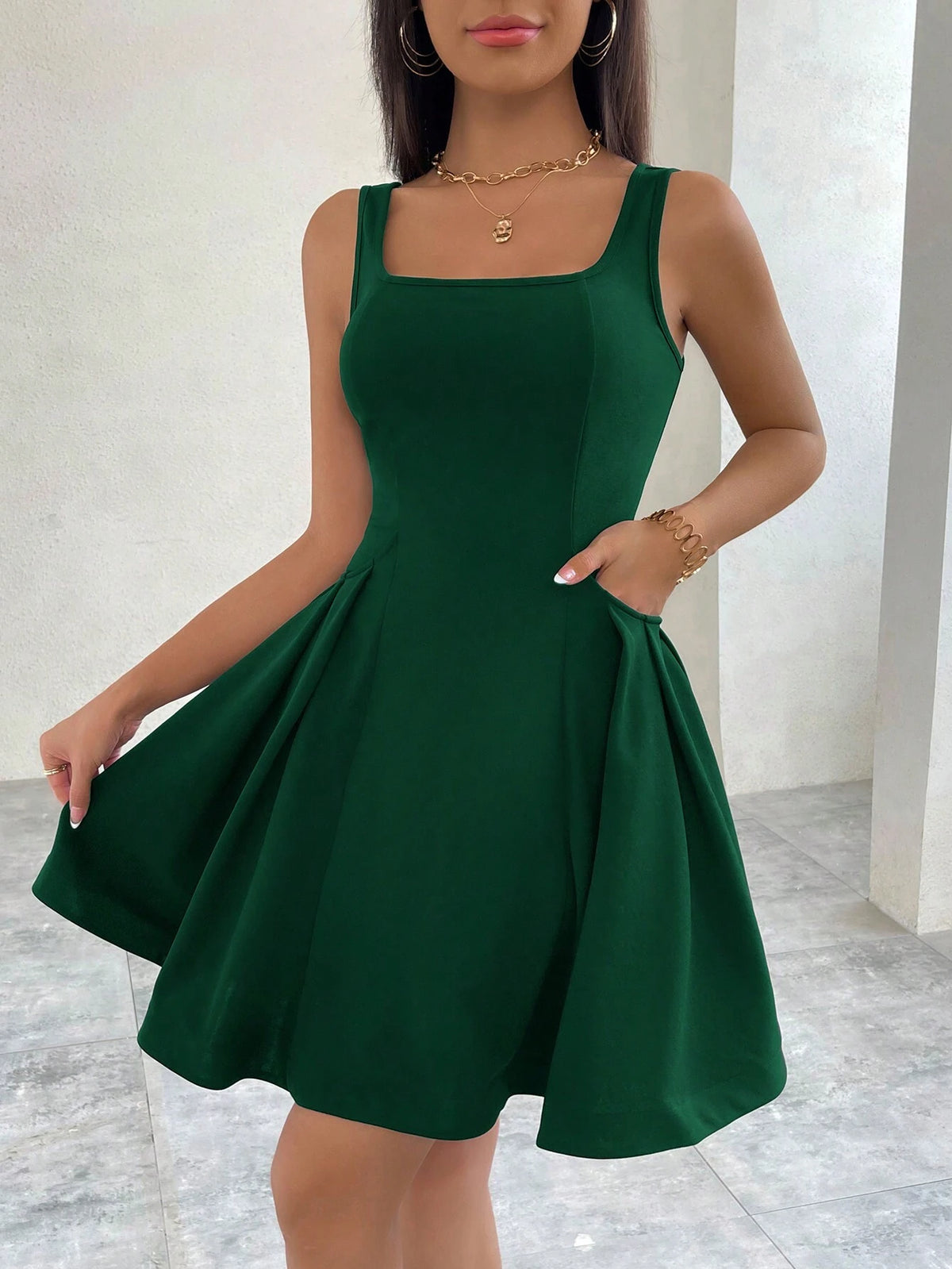 Women's Romantic Ruffle Trim Square Neck Sleeveless Solid Color Lolita Dress For Summer
