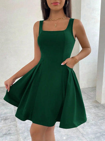 Women's Romantic Ruffle Trim Square Neck Sleeveless Solid Color Lolita Dress For Summer