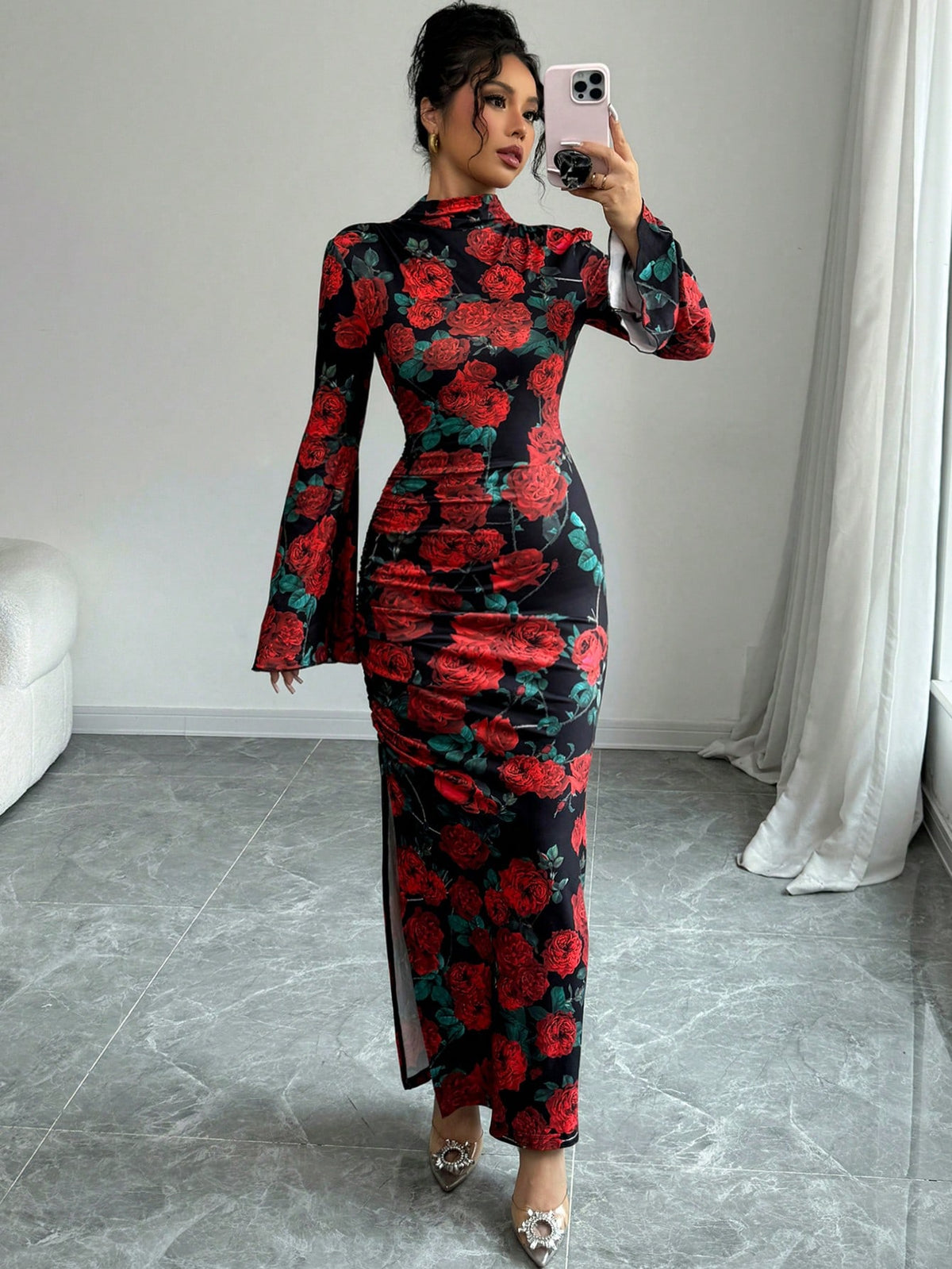 Women's Rose Print Stand Collar Fitted Ruched Slit Romantic Elegant Midi Dress, Suitable For