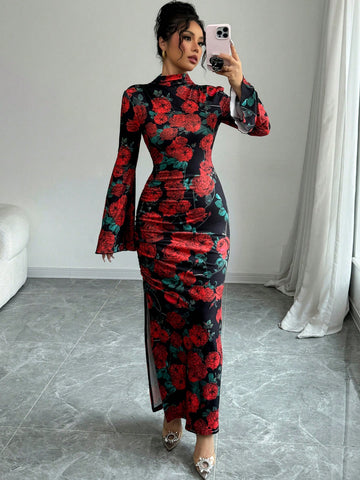 Women's Rose Print Stand Collar Fitted Ruched Slit Romantic Elegant Midi Dress, Suitable For
