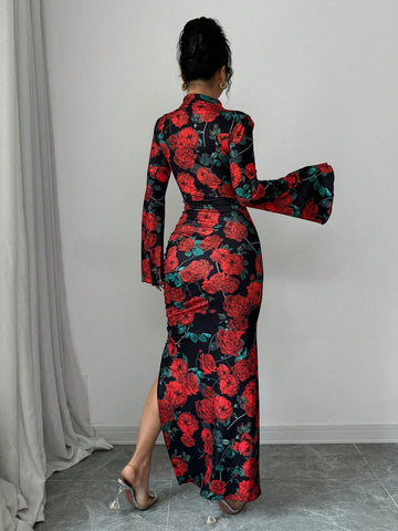 Women's Rose Print Stand Collar Fitted Ruched Slit Romantic Elegant Midi Dress, Suitable For