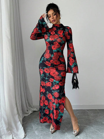 Women's Rose Print Stand Collar Fitted Ruched Slit Romantic Elegant Midi Dress, Suitable For