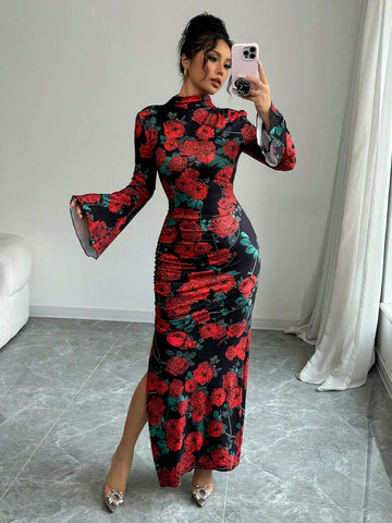 Women's Rose Print Stand Collar Fitted Ruched Slit Romantic Elegant Midi Dress, Suitable For