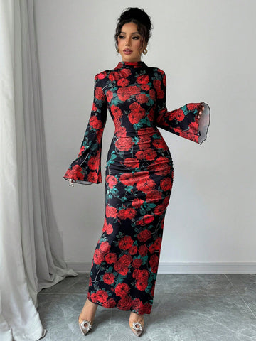 Women's Rose Print Stand Collar Fitted Ruched Slit Romantic Elegant Midi Dress, Suitable For