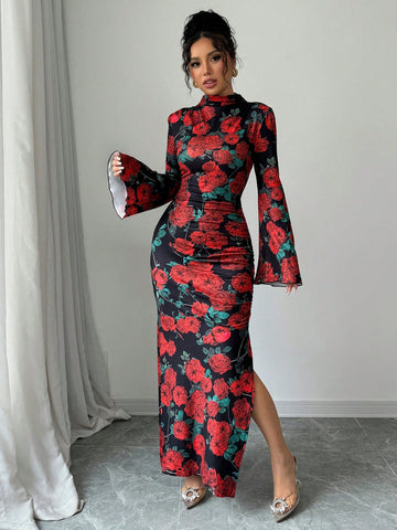 Women's Rose Print Stand Collar Fitted Ruched Slit Romantic Elegant Midi Dress, Suitable For