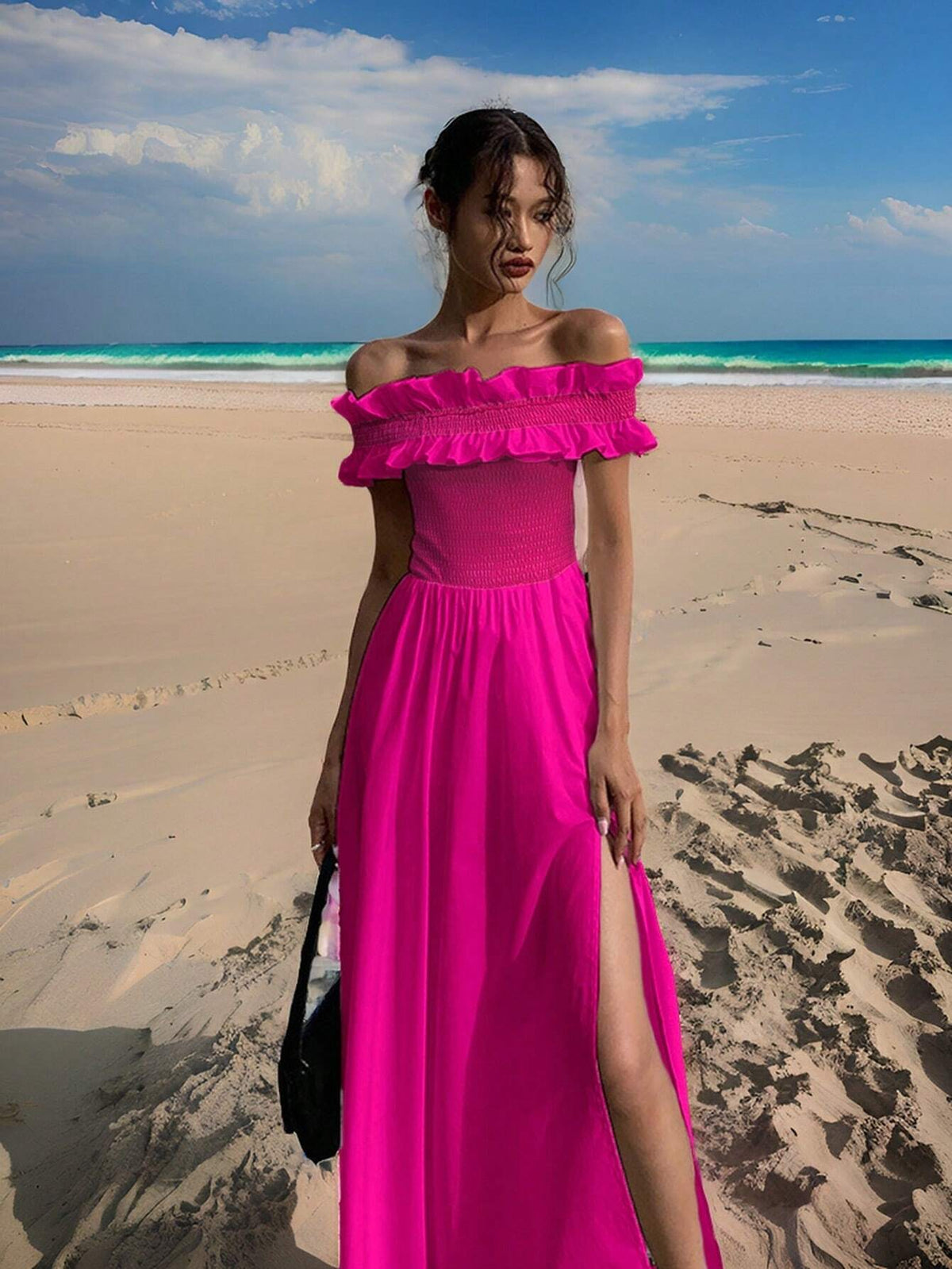 Women's Rose Red Ruffled One-Shoulder French Seaside Vacation Tightening Waist Slit Long Dress