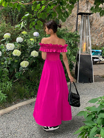 Women's Rose Red Ruffled One-Shoulder French Seaside Vacation Tightening Waist Slit Long Dress