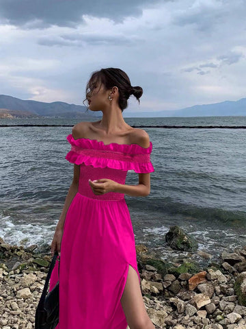 Women's Rose Red Ruffled One-Shoulder French Seaside Vacation Tightening Waist Slit Long Dress