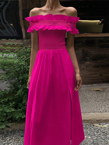 Women's Rose Red Ruffled One-Shoulder French Seaside Vacation Tightening Waist Slit Long Dress