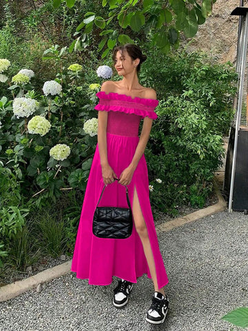 Women's Rose Red Ruffled One-Shoulder French Seaside Vacation Tightening Waist Slit Long Dress