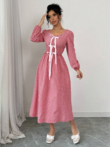 Women's Round Neck Long Sleeve Bow Tie Decor Plaid Fitted Elegant Dress