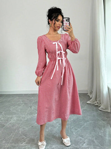 Women's Round Neck Long Sleeve Bow Tie Decor Plaid Fitted Elegant Dress