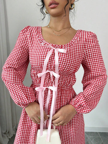Women's Round Neck Long Sleeve Bow Tie Decor Plaid Fitted Elegant Dress