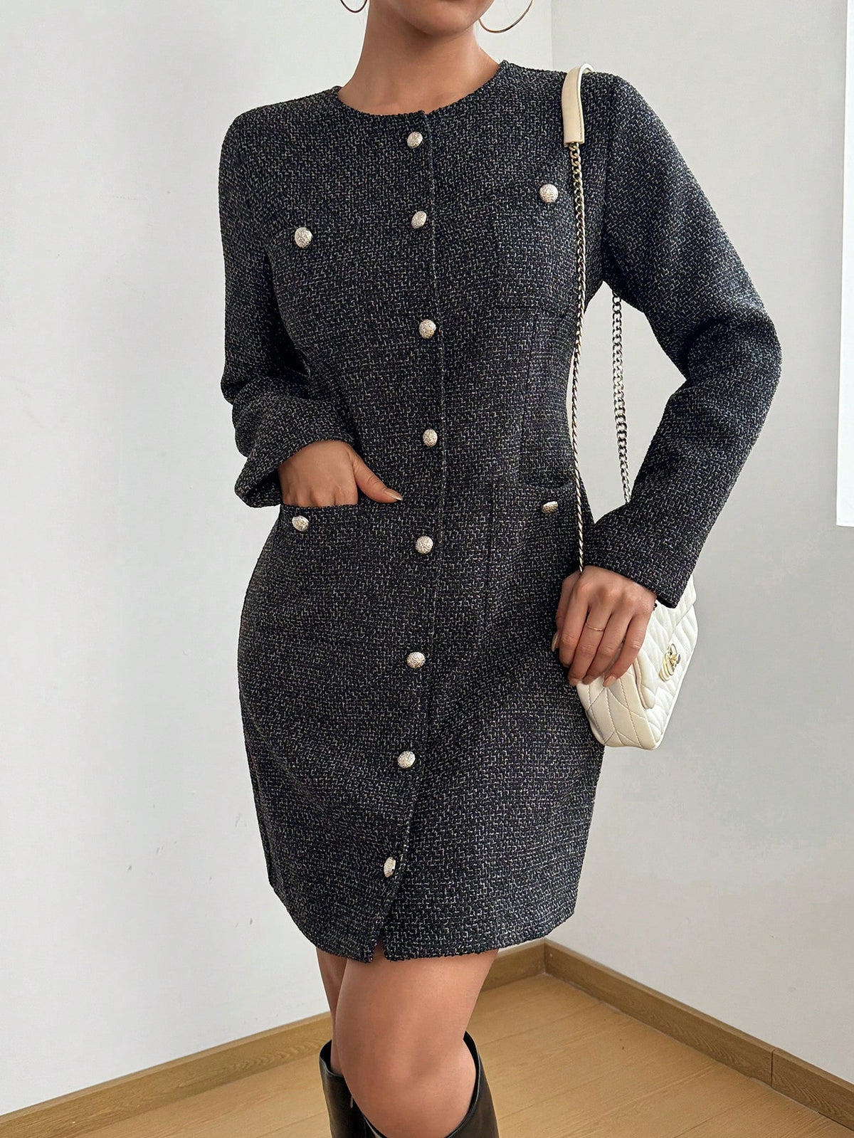 Women's Round Neck Long Sleeve Elegant Slim Single-Breasted Dress, Suitable For Spring And