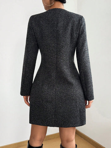 Women's Round Neck Long Sleeve Elegant Slim Single-Breasted Dress, Suitable For Spring And