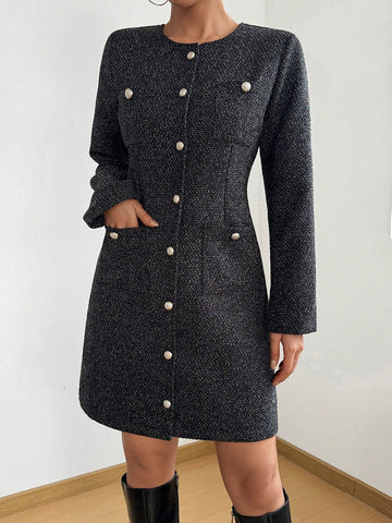 Women's Round Neck Long Sleeve Elegant Slim Single-Breasted Dress, Suitable For Spring And