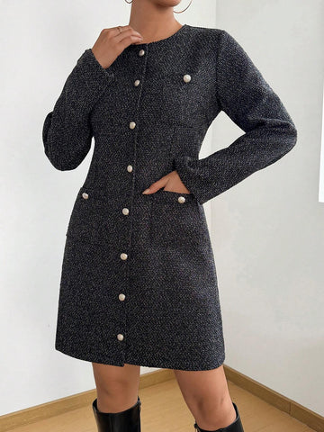 Women's Round Neck Long Sleeve Elegant Slim Single-Breasted Dress, Suitable For Spring And