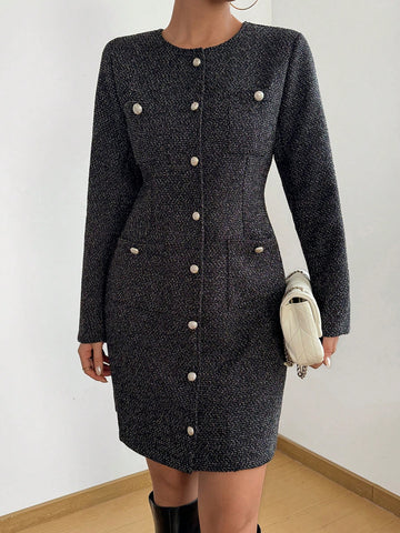 Women's Round Neck Long Sleeve Elegant Slim Single-Breasted Dress, Suitable For Spring And